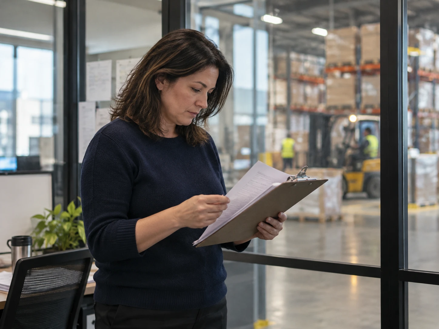 An HR manager reviewing paperwork in a warehouse office