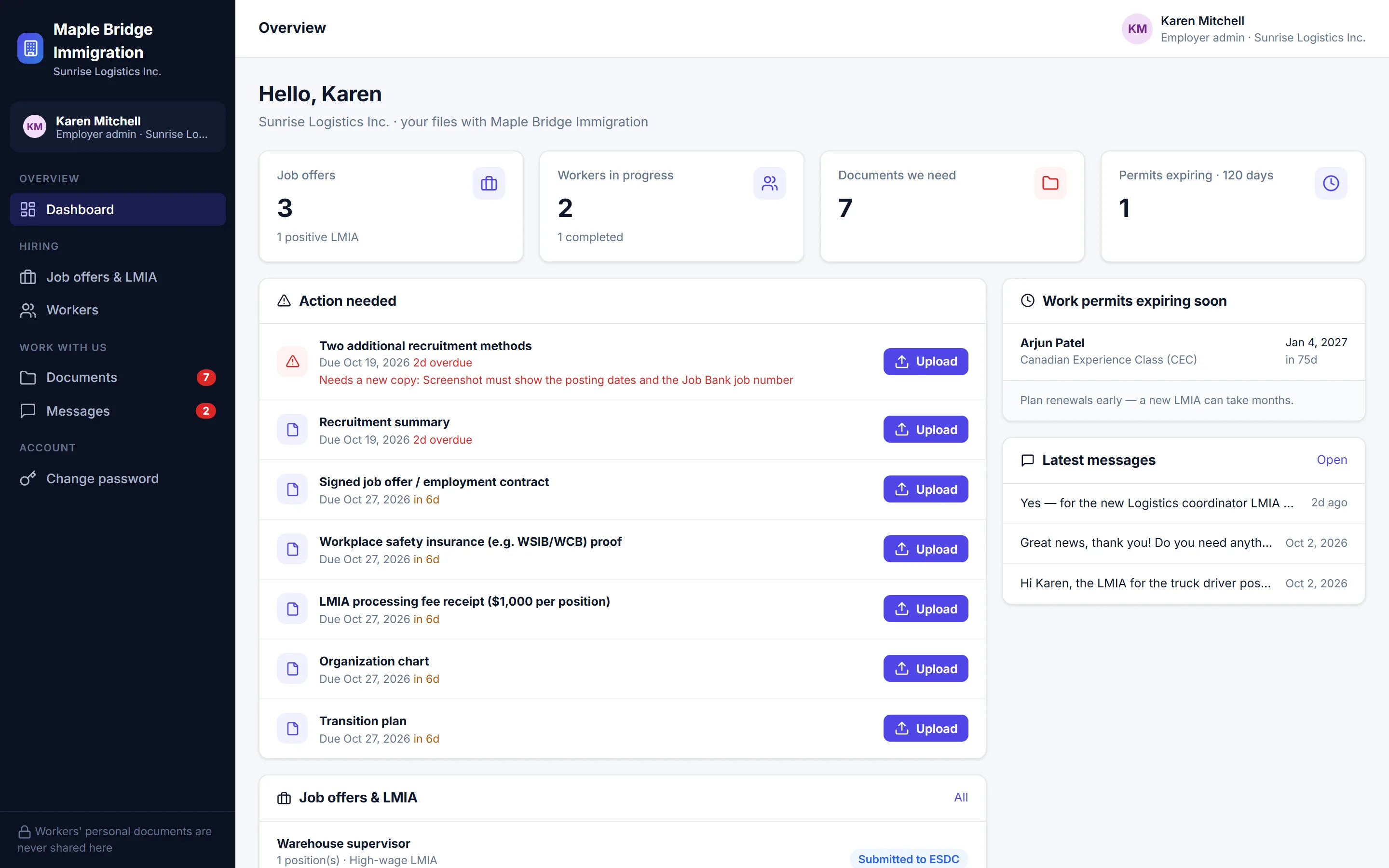 Employer portal showing job offers, workers in progress and the documents the firm still needs