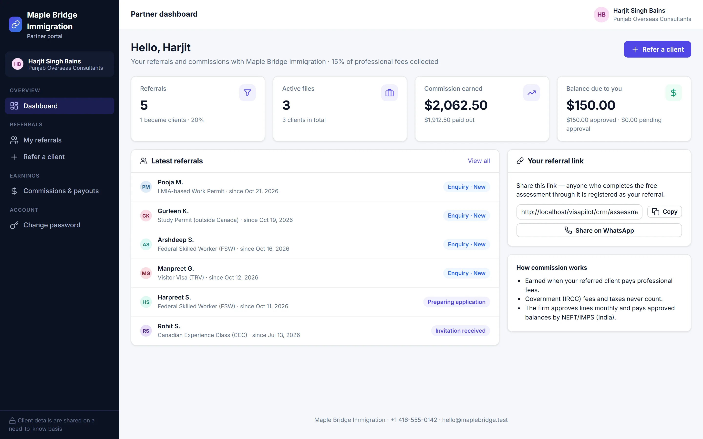 Agent portal showing referrals and commission totals